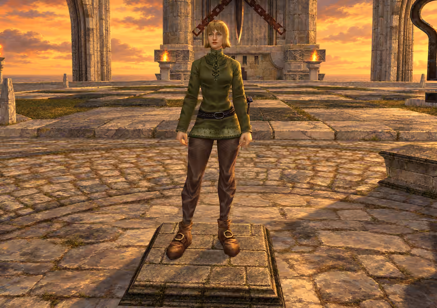 Painting of a character on a stone pedestal in the character select hall, from a capture in the current client